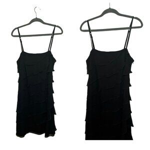 White House Black Market Ruffle Waterfall Spaghetti Ladies Black Dress SZ 12
